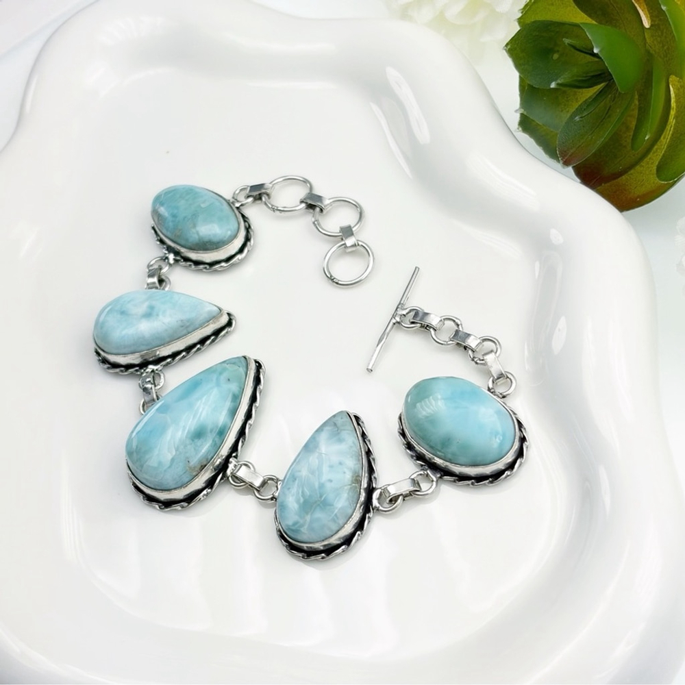 Blue Larimar Chunky Gemstone Bracelet Oval Pear New 925 Overlay - Picture 6 of 8